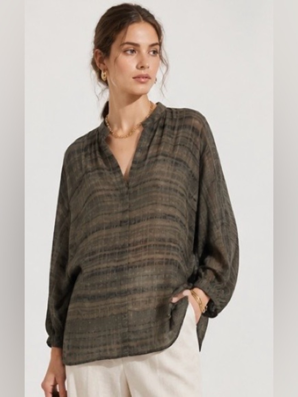 VINCE Blouse 100% Silk Black Brown Button Down Tunic Dolman Sheer Medium
